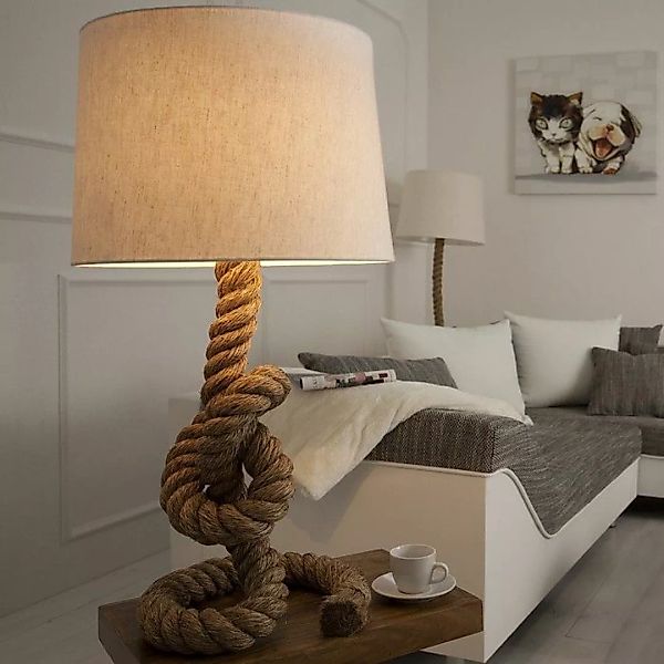 XL Tischlampe SCHIFFSTAU Beige mit Knoten & Schlaufen aus Manilahanf handge günstig online kaufen