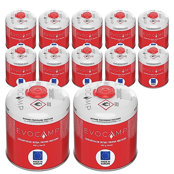 Evocamp Propan Butan 12 Stück Gaskartusche 450g Schraubkartusche Eurogewind günstig online kaufen