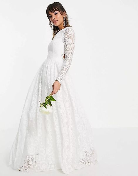 ASOS EDITION – Odette – Rückenfreies Hochzeitskleid aus Spitze mit langen Ä günstig online kaufen