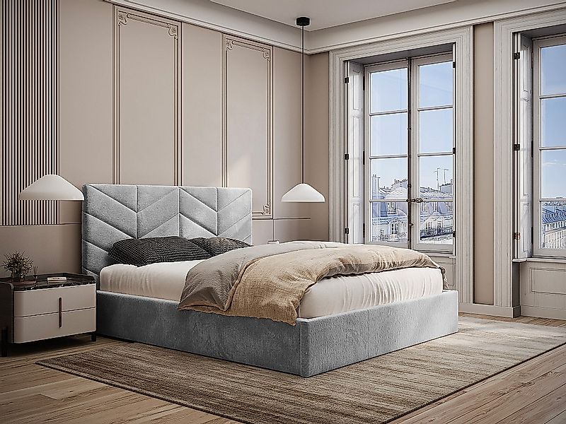 Stauraumbett + Matratze - 200 x 200 cm - Strukturstoff - Grau - JUSTANI günstig online kaufen