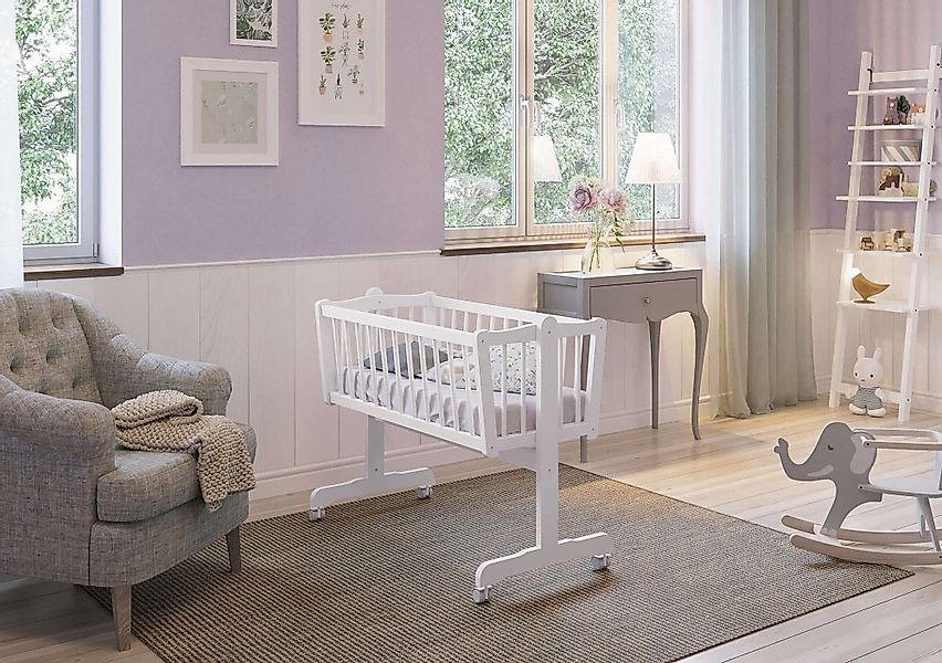 Babyhafen Babybett Babywiege Stubenwagen Kinderbett Weiß & Rosa mit Matratz günstig online kaufen