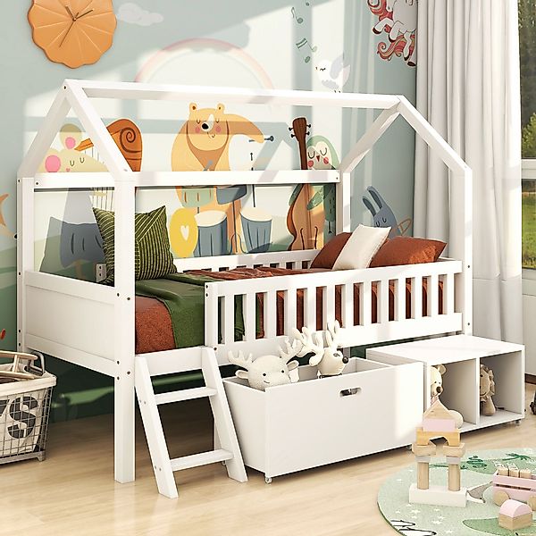 Odikalo Kinderbett Hochbett Hausbett mit Schutzzaun günstig online kaufen