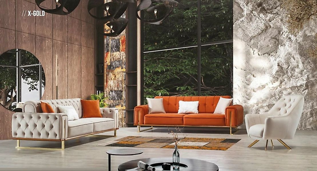 JVmoebel Chesterfield-Sofa Luxus Weiß-Orange Chesterfield Sofagarnitur Mode günstig online kaufen