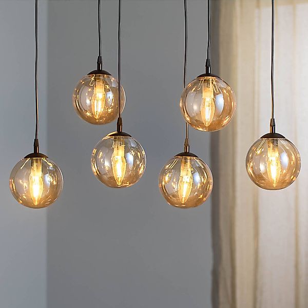 Hängeleuchte Glassy, 6-flammig, schwarz, amber, Glas, 75 cm günstig online kaufen