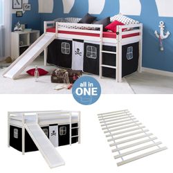 Homestyle4u Hochbett 90x200 mit Vorhang Lattenrost Rutsche in Weiß Pirat 25 günstig online kaufen