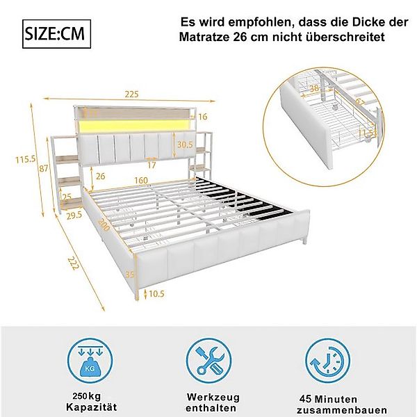 Flieks Metallbett, LED Polsterbett Doppelbett 160x200cm mit Stauraumregale, günstig online kaufen
