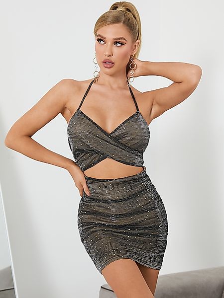 YOINS Glitter Self Tie Neckholder Backless Crossed Front Design Mini Kleid günstig online kaufen