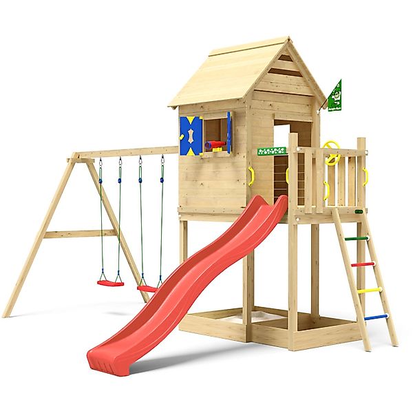 Jungle Gym Spielturm Holz Hideout mit Dach 2 Schaukeln Fensterl. Rutsche Ro günstig online kaufen