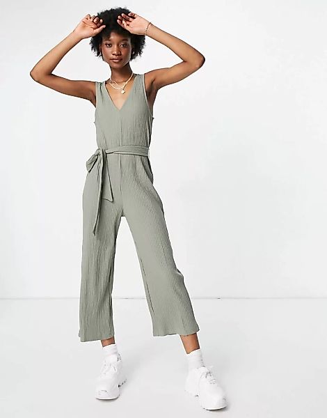 Monki – Sandra – Jumpsuit mit weitem Bein in Grün aus geripptem Jersey aus günstig online kaufen
