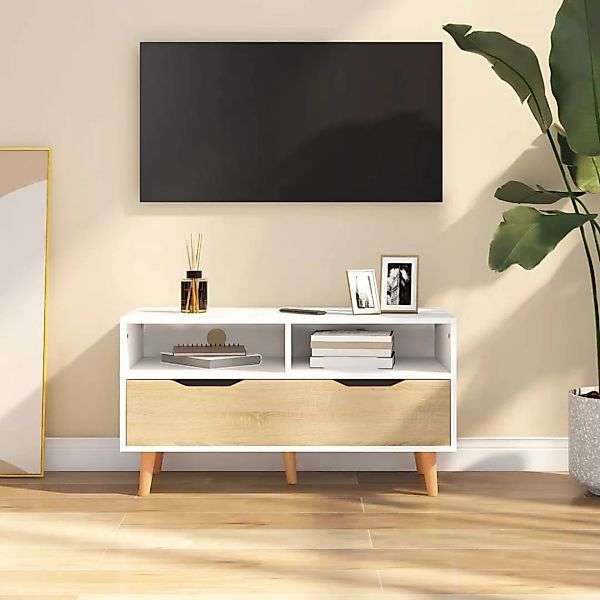 Tv-schrank Weiß Und Sonoma-eiche 90x40x48,5 Cm Spanplatte günstig online kaufen