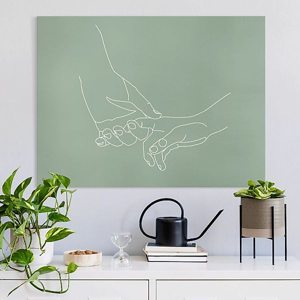 Leinwandbild Zärtliche Hände Line Art in Grün günstig online kaufen