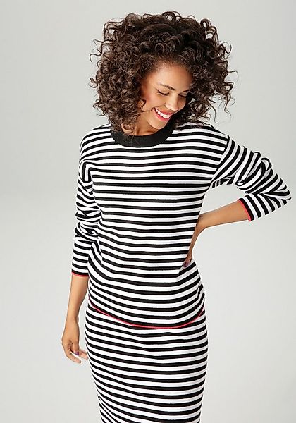 Aniston CASUAL Strickpullover mit roten Farbakzenten am Saum und den Ärmeln günstig online kaufen