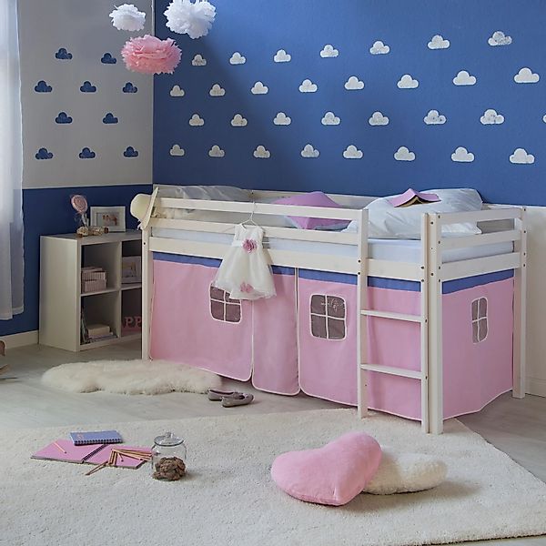 Homestyle4u Hochbett 90x200 Weiß Vorhang Rosa 1535 günstig online kaufen