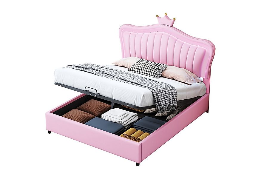 Flieks Polsterbett, LED Hydraulisches Kinderbett 140x200cm Krone Kopfteil K günstig online kaufen