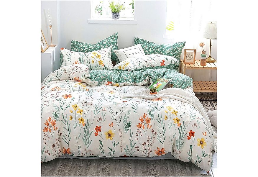 KEAYOO Bettwäsche Blumen, 4 teilig, Blumen Grün Baumwolle Bettwäsche mit Re günstig online kaufen