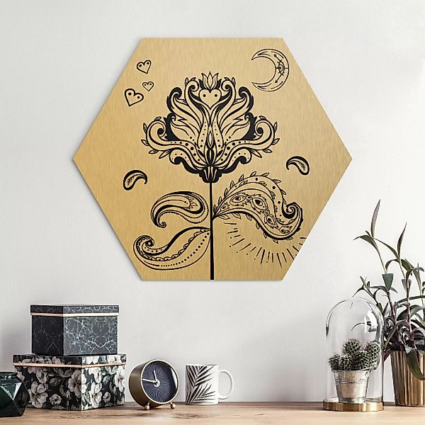 Hexagon-Alu-Dibond Bild Blumen Lotus mit Mond und Herzen günstig online kaufen