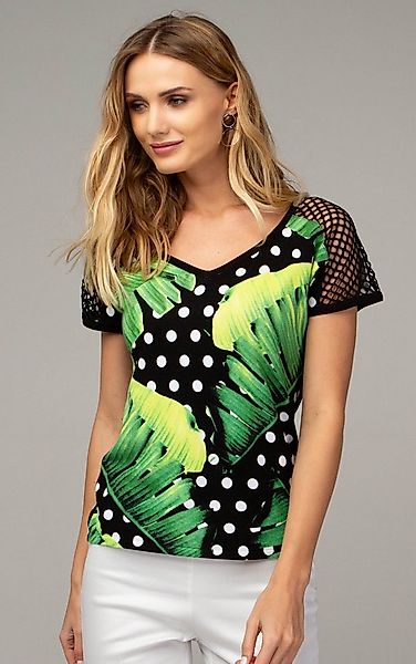 Passioni Netzshirt in schwarz mit weißen Punkten un tropischen Blättern günstig online kaufen