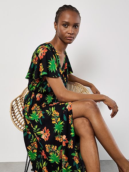 Apricot Druckkleid Tropisches Maxikleid, in Wickeloptik günstig online kaufen