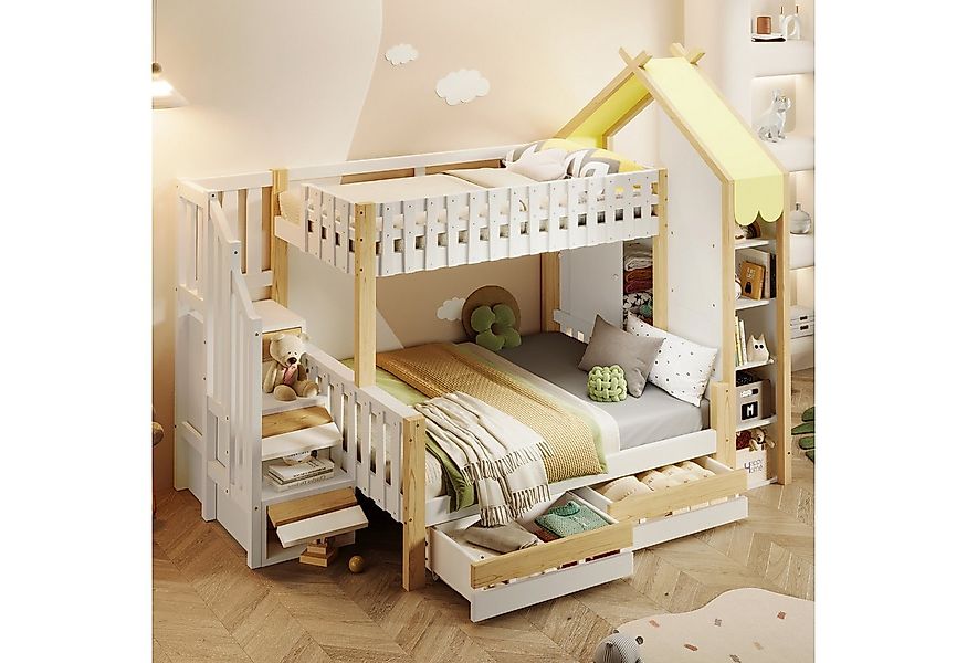 Flieks Etagenbett, Hausbett Kinderbett 90/140x200cm mit Schubladen, Staurau günstig online kaufen