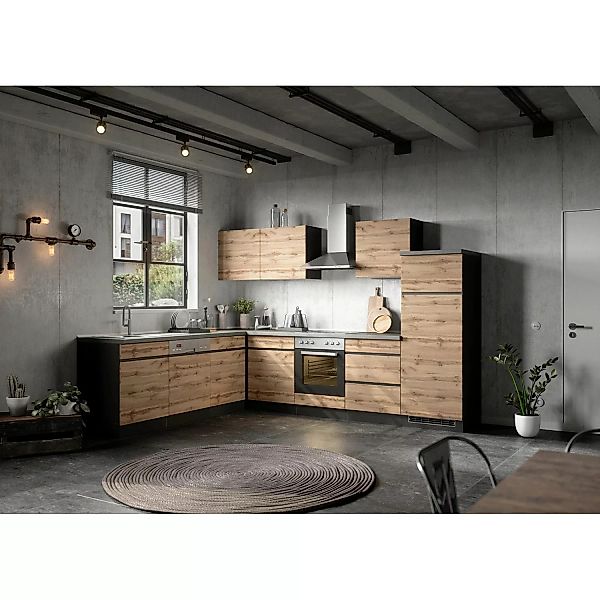 Held Möbel Winkelküche Turin 240 x 300 cm Wotaneiche-Graphit mit E-Geräten günstig online kaufen