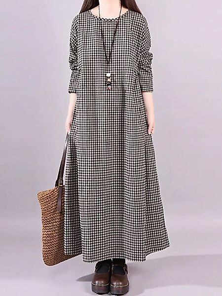 Vintage Karierter Maxi mit Rundhalsausschnitt Kleid günstig online kaufen