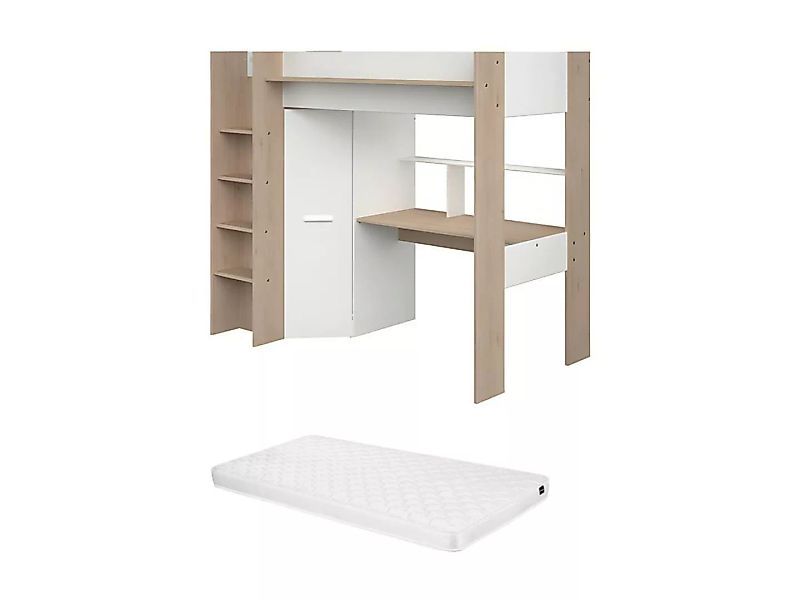 Hochbett mit Schreibtisch & Kleiderschrank + Matratze - 90 x 200 cm - Weiß günstig online kaufen