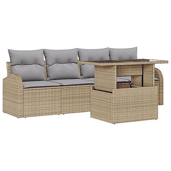 vidaXL Loungesofa 5-teiliges Garten-Sofa-Set mit Kissen Beige Poly Rattan, günstig online kaufen