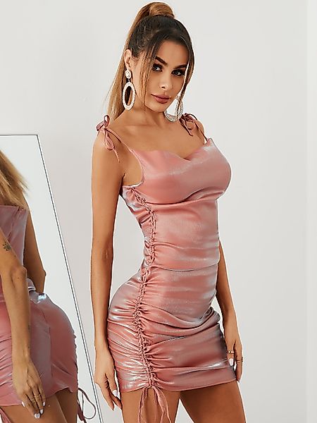 YOINS Orange Kordelzug Rüschen Ärmellos Mini Kleid günstig online kaufen