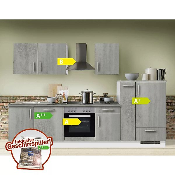Küchenzeile Premium Beton 310cm MANCHESTER-87 inklusive E-Geräte & Geschirr günstig online kaufen