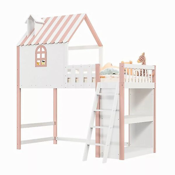 FUROKOY Kinderbett Hausbett Baumhaus 90x200 cm Weiß & Rosa, Hochbett Einzel günstig online kaufen