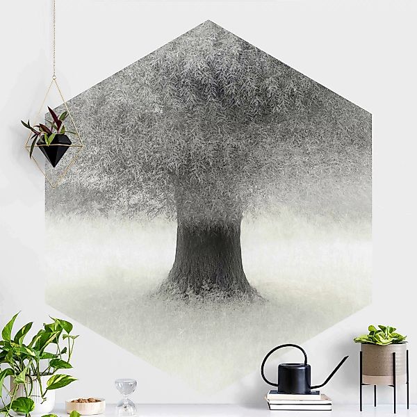 Hexagon Mustertapete selbstklebend Verträumter Baum in Weiß günstig online kaufen