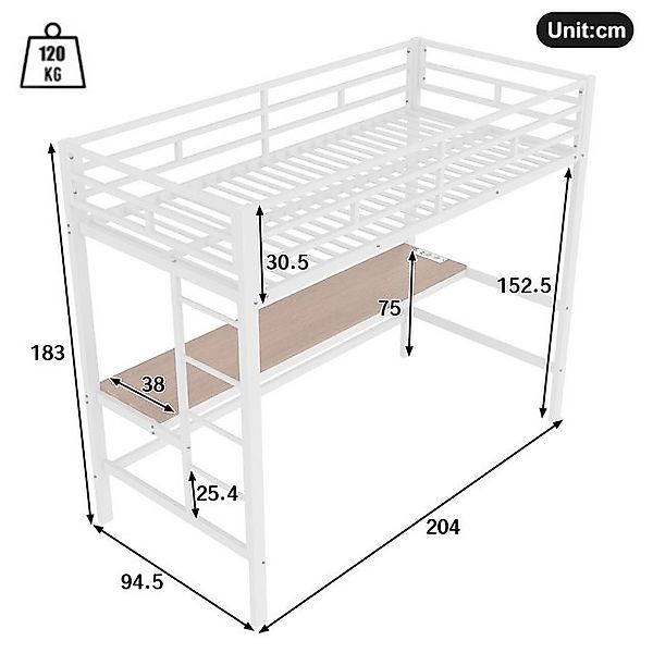 Flieks Hochbett Metallbett 90x200cm mit Leiter, Schreibtisch mit Aufladenfu günstig online kaufen