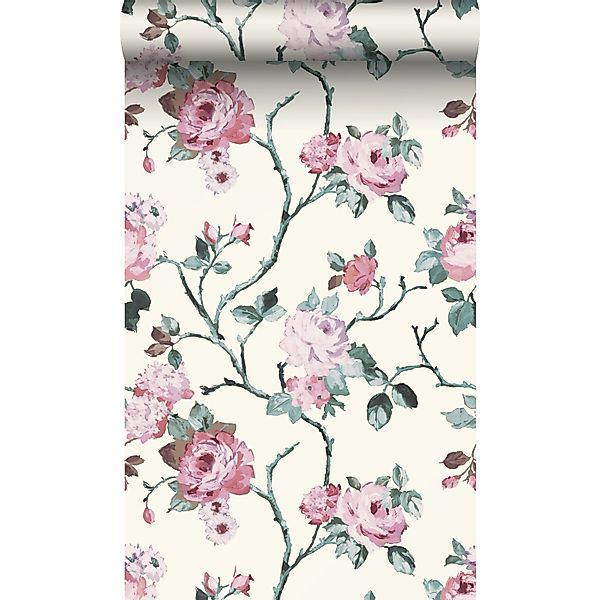 Origin Wallcoverings Tapete Blumen Crême-Weiß und Hellrosa und Grün 53 cm x günstig online kaufen