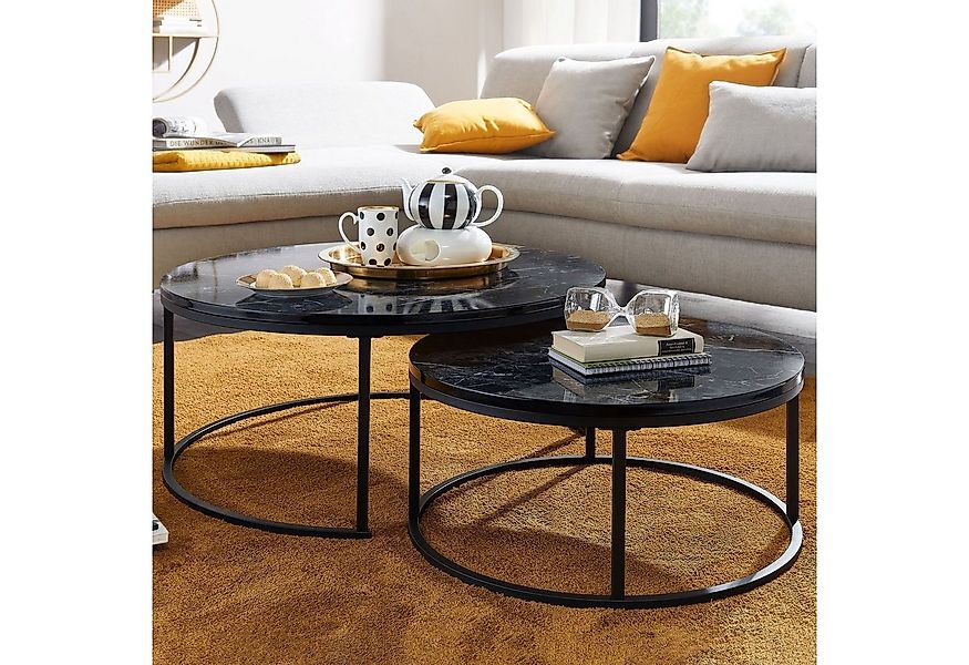FINEBUY Satztisch Couchtisch Sofatisch 2er Set Schwarz Sofatisch Marmor Opt günstig online kaufen