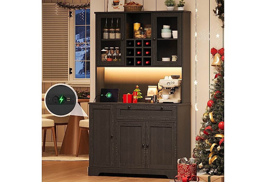 Flieks Küchenbuffet mit Steckdose, LED-Beleuchtung, Weinregal, Glastüren un günstig online kaufen