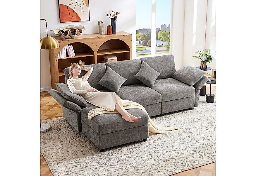 Merax Ecksofa L-förmig Sofa mit Fußhocker, Chenille-Stoff, 1 Teile, 3-Sitze günstig online kaufen