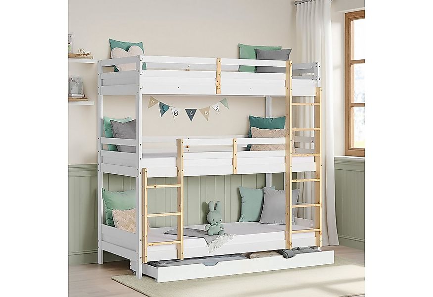 Homestyle4u Etagenbett 90x200 Dreifach Hochbett Weiß Natur 3 Kinder Stockbe günstig online kaufen