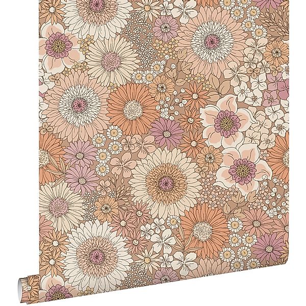 ESTAhome Tapete Retro Blumen Terrakotta Lila und Weiß 50 x 900 cm günstig online kaufen