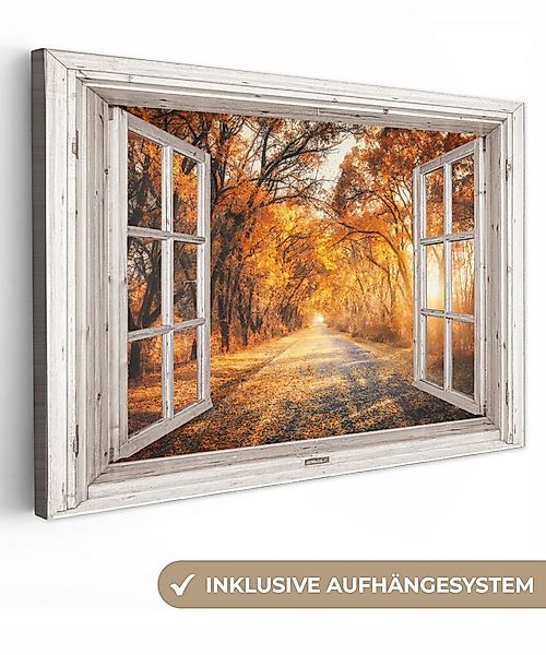 OneMillionCanvasses® Leinwandbild Wald - Herbst - Bäume - Weg - Natur - Fen günstig online kaufen
