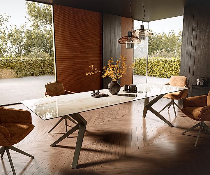 Esstisch Edge 300x100 Keramik Laminam® Onice Oro ?Zenthara kantig Metall Ef günstig online kaufen