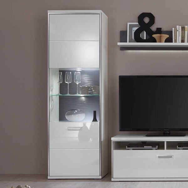 Wohnwand Vitrine in Weiß Hochglanz 200 cm hoch günstig online kaufen