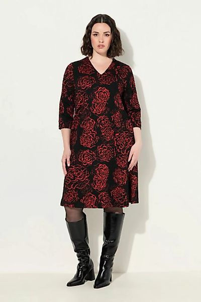 Ulla Popken Midikleid Jacquard-Jerseykleid V-Ausschnitt 3/4-Arm Taschen günstig online kaufen