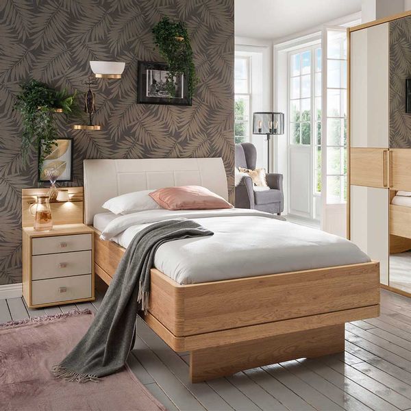 Einzelbett und Nachtkonsole in Beige und Eiche teilmassiv Polsterkopfteil ( günstig online kaufen