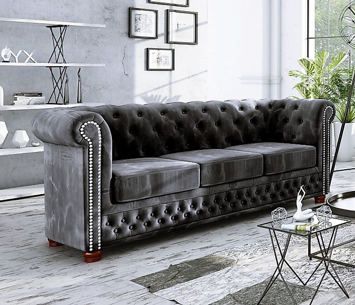 S-Style Möbel Chesterfield-Sofa Leeds, 3-Sitzer aus Samt-Stoff mit Holzfüße günstig online kaufen