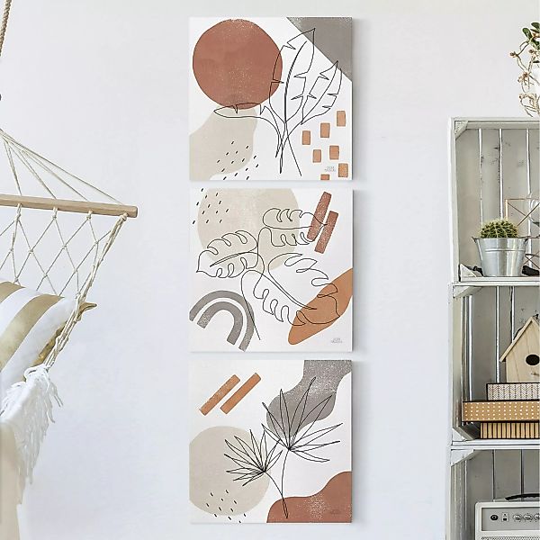 Leinwandbild 3-teilig Pflanzenblätter Lineart und Terracotta Farben günstig online kaufen