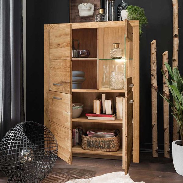 Highboard Vitrine Glastür rechts Wildeiche Massivholz günstig online kaufen