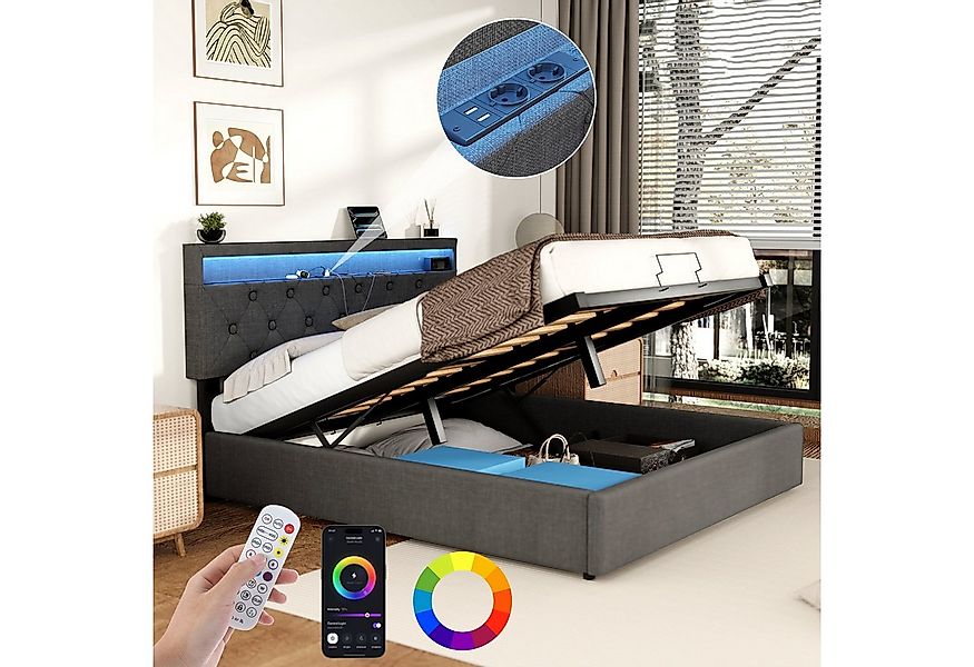 oyajia Polsterbett Doppelbett mit Steckdosen & LED Beleuchtung,Hydraulische günstig online kaufen
