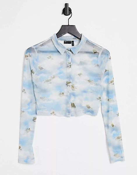 ASOS DESIGN – Bluse aus Netzstoff mit Renaissance-Print-Blau günstig online kaufen