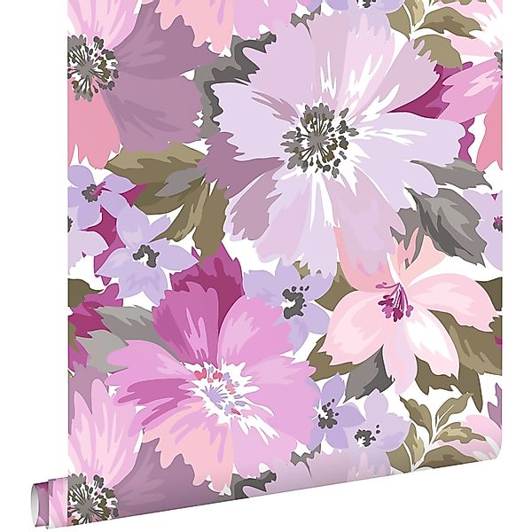 ESTAhome Tapete Blumen Violett und Olivgrün 50 x 900 cm günstig online kaufen