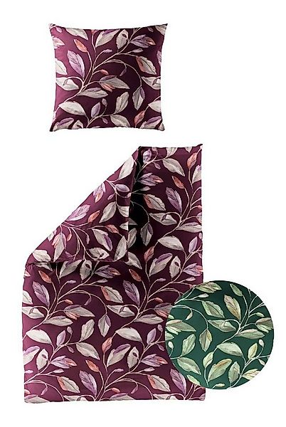 BIERBAUM Bettwäsche 135x200cm Blätter Blatt Grün Bordeaux, Biber, 2 teilig, günstig online kaufen